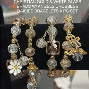 NEW CHRISTIAN GOLD & CLEAR GLASS BEADS WITH GOLD ANGELS DAISY CHARMS 4PC SET